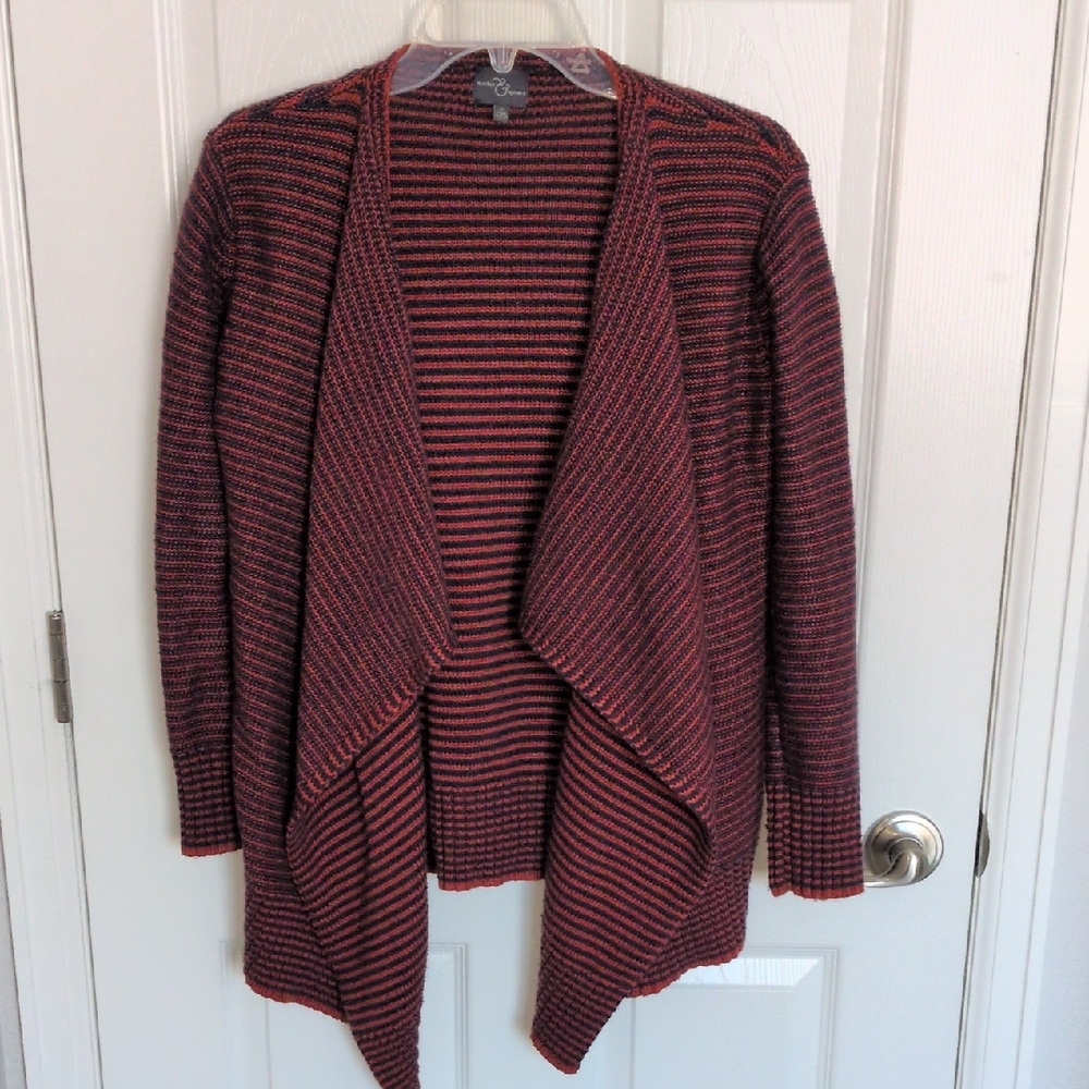 Market & Spruce Rust & Navy Blue Striped Waterfall Open Cardigan Sweater - S